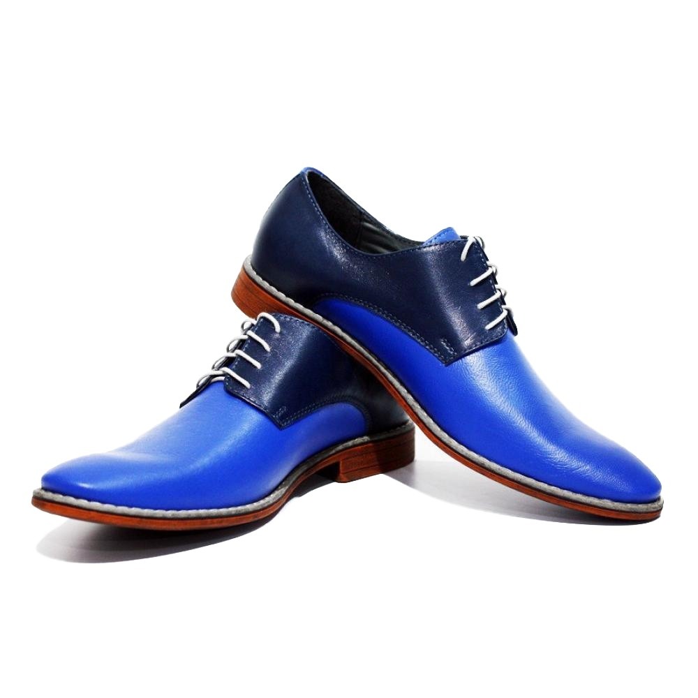Pre-owned Peppeshoes Modello Mezzate - Handmade Italian Blue Oxfords Dress Shoes - Cowhide Smooth Le