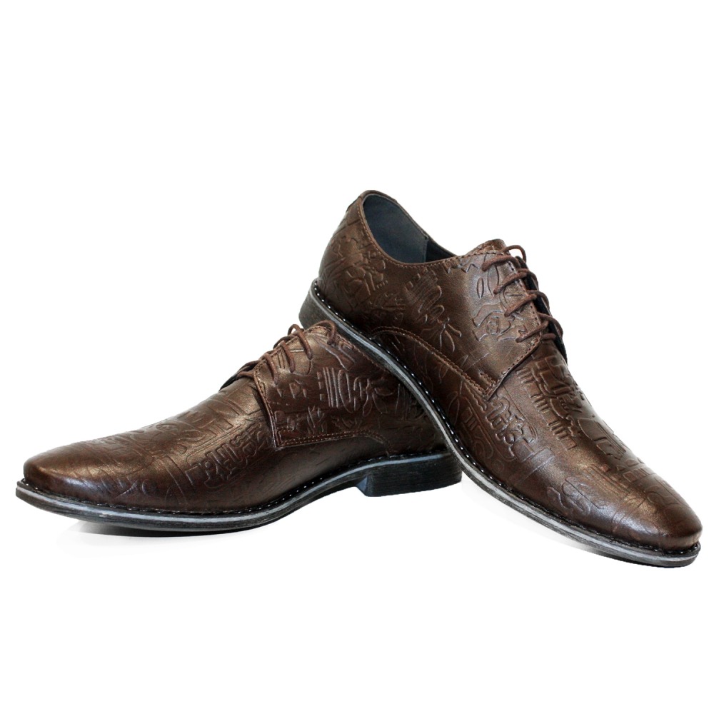 Pre-owned Peppeshoes Modello Literro - Handmade Italian Brown Oxfords Dress Shoes - Cowhide Embossed